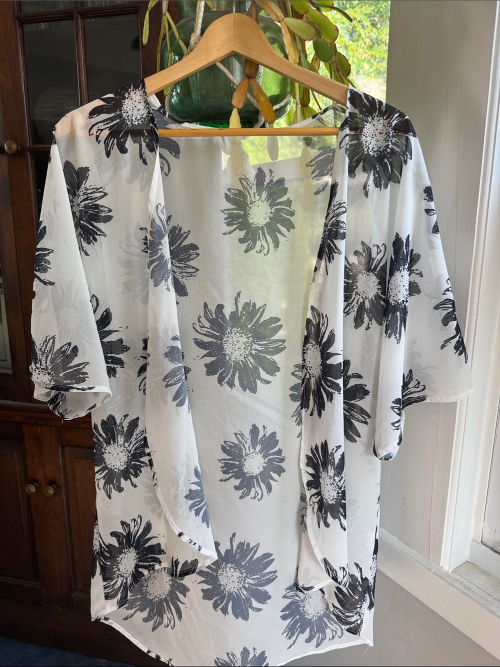 Sheer Floral Kimono Cover in White & Black